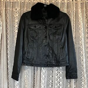 Banana Republic Black Leather Jacket with removable Fur Collar.